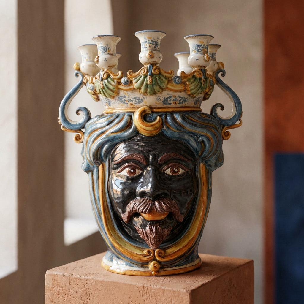 Moor's Head Vase Candle Holder H 40 cm / 15.7", Moro Man, Blue and Orange – Testa di Moro from Caltagirone, Sicily