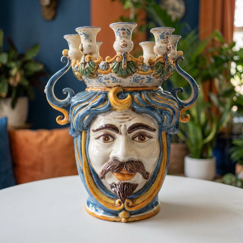 Sicilian Head Vase Candle Holder H 40 cm / 15.7", White Man, Blue and Orange – Testa di Moro from Caltagirone, Sicily