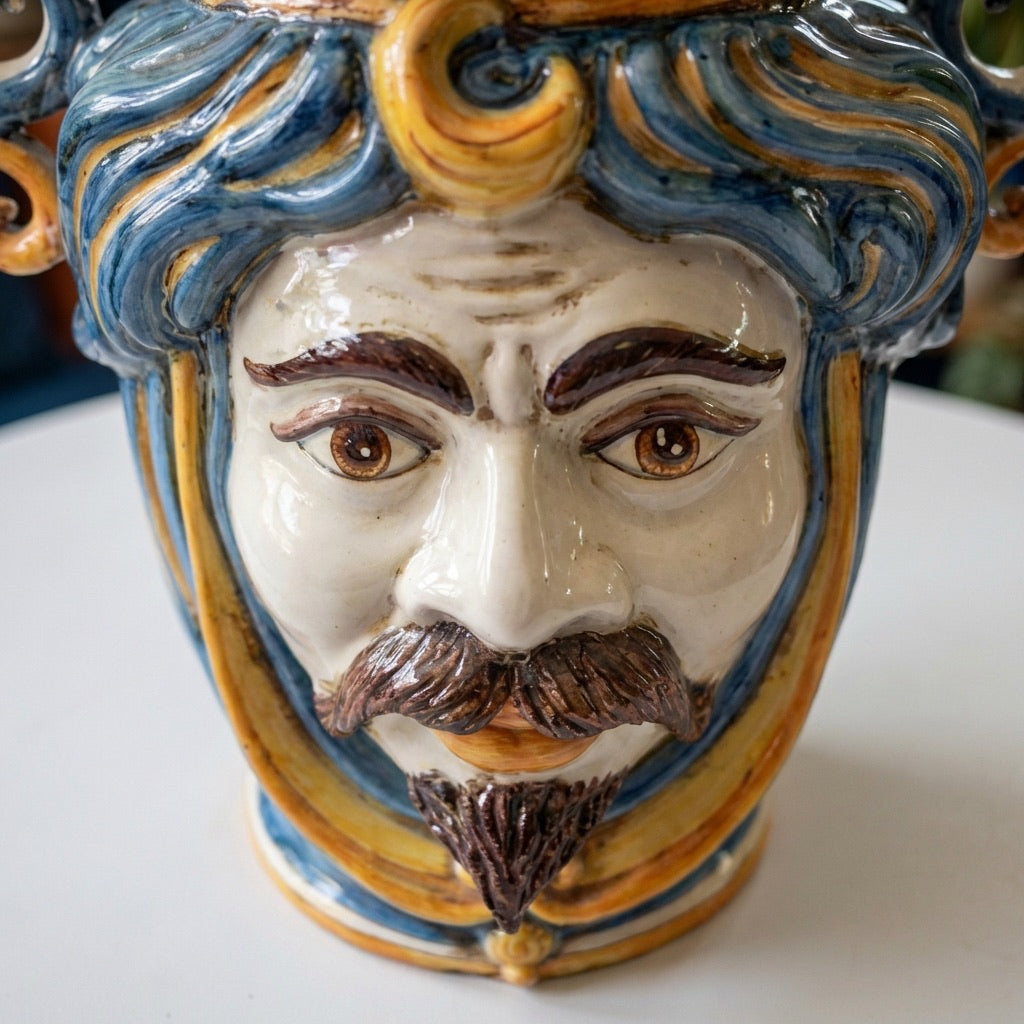 Sicilian Head Vase Candle Holder H 40 cm / 15.7", White Man, Blue and Orange – Testa di Moro from Caltagirone, Sicily