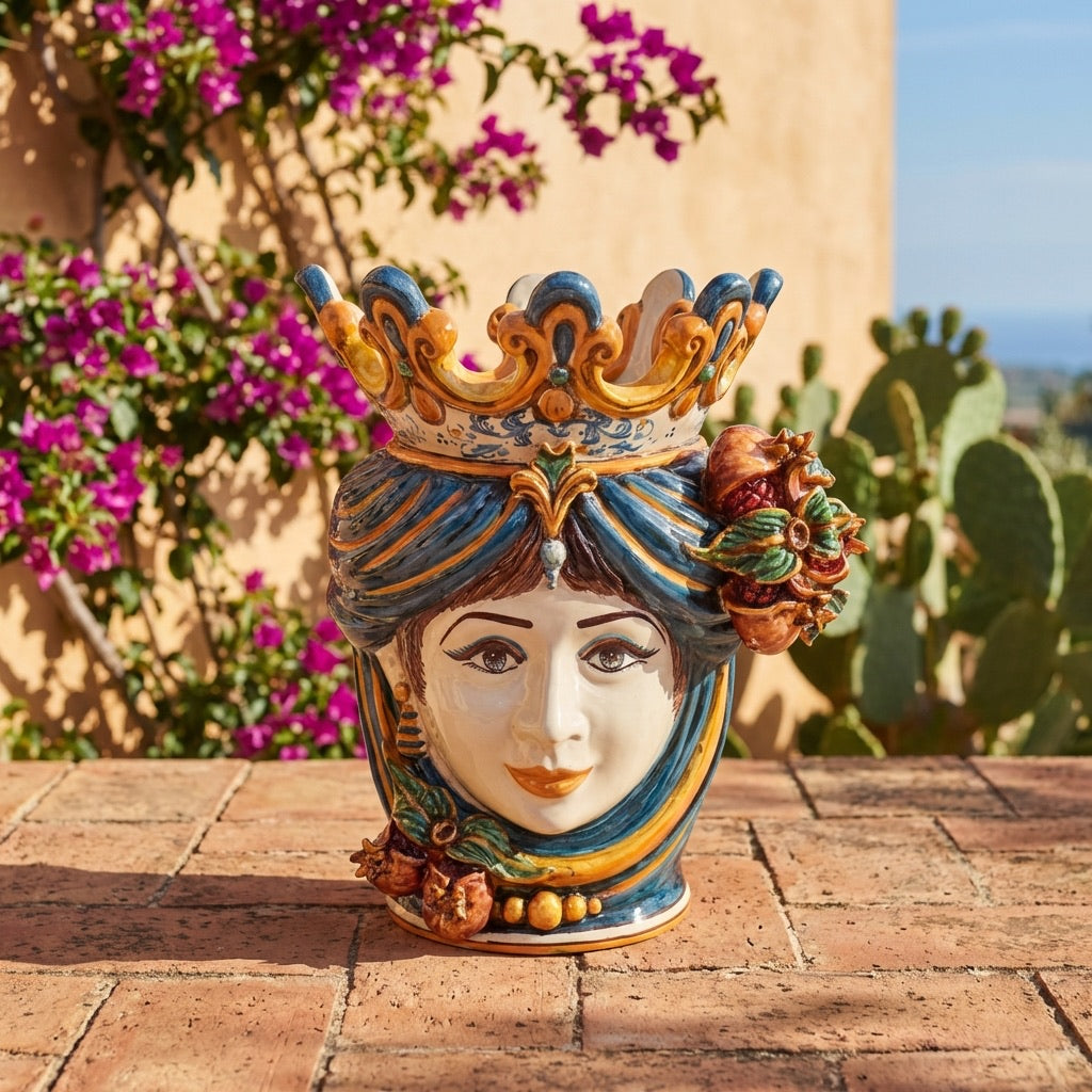 Testa di Moro Vase with Pomegranates H 40 cm / 15.7", Woman, Blue and Orange – Testa di Moro from Caltagirone, Sicily