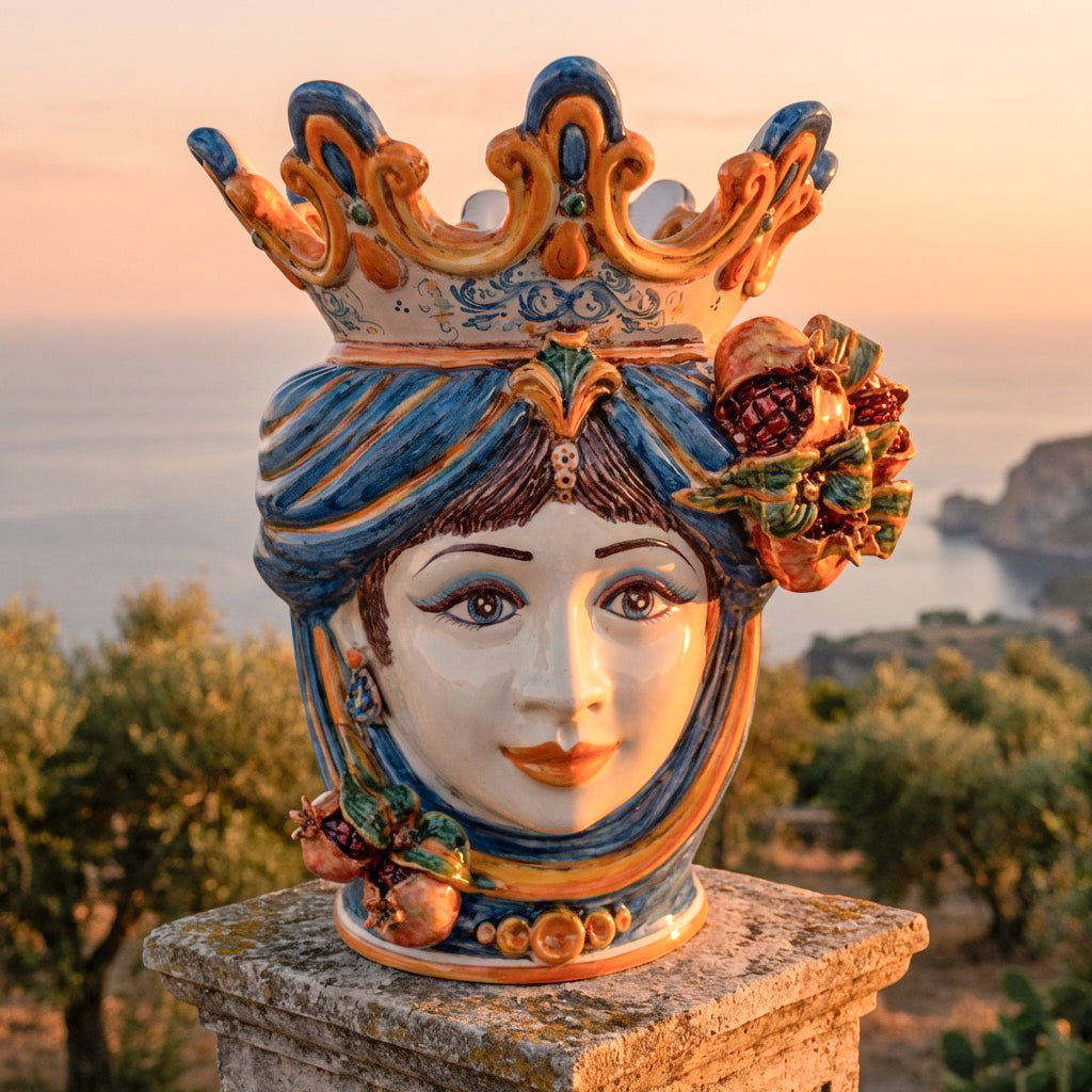 Testa di Moro Vase with Pomegranates H 40 cm / 15.7", Woman, Blue and Orange – Testa di Moro from Caltagirone, Sicily