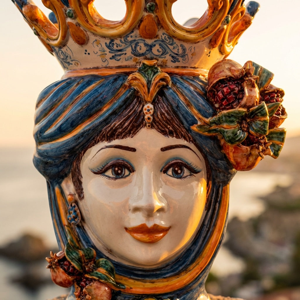 Testa di Moro Vase with Pomegranates H 40 cm / 15.7", Woman, Blue and Orange – Testa di Moro from Caltagirone, Sicily