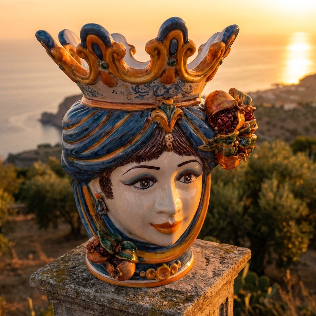 Testa di Moro Vase with Pomegranates H 40 cm / 15.7", Woman, Blue and Orange – Testa di Moro from Caltagirone, Sicily
