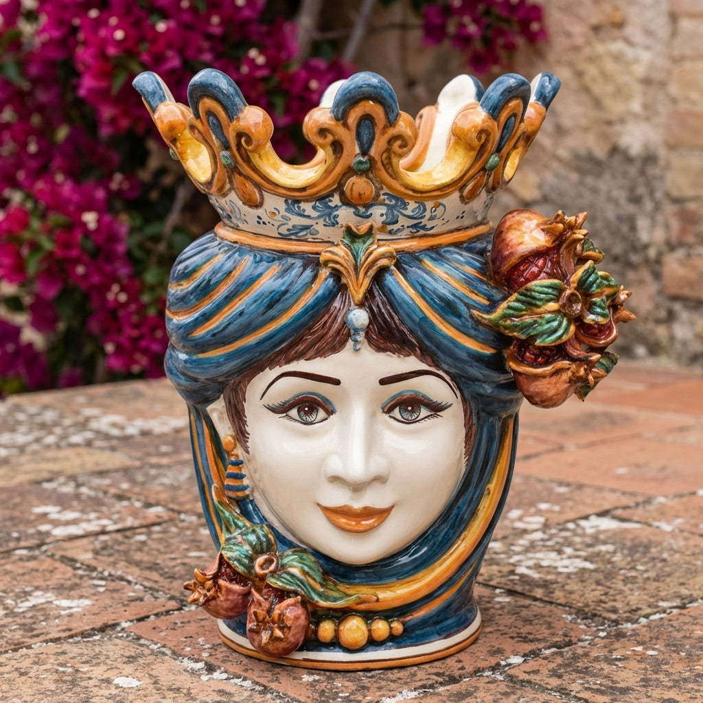 Testa di Moro Vase with Pomegranates H 40 cm / 15.7", Woman, Blue and Orange – Testa di Moro from Caltagirone, Sicily