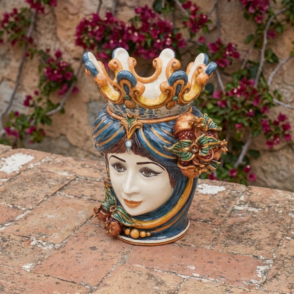 Testa di Moro Vase with Pomegranates H 40 cm / 15.7", Woman, Blue and Orange – Testa di Moro from Caltagirone, Sicily