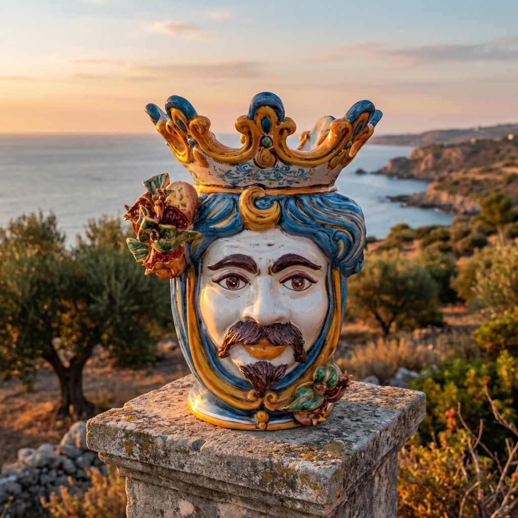 Testa di Moro Vase with Pomegranates H 40 cm / 15.7", White Man, Blue and Orange – Testa di Moro from Caltagirone, Sicily