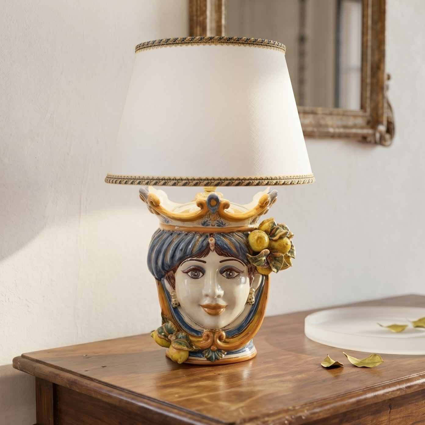 Italian Ceramic Lamp H 55 cm / 21.7", Woman, Blue and Orange – Italian ceramic from Caltagirone, Sicily