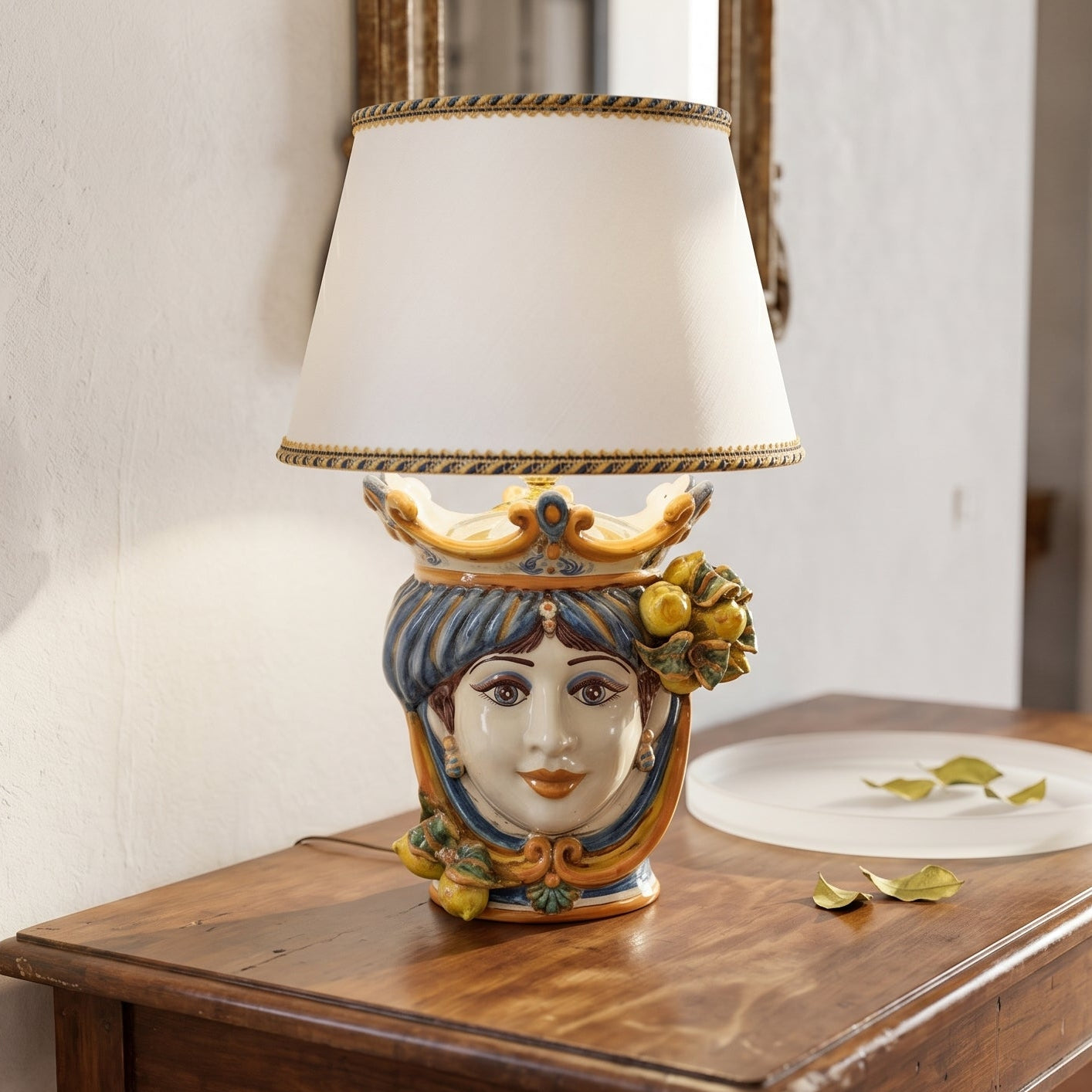Italian Ceramic Lamp H 55 cm / 21.7", Woman, Blue and Orange – Italian ceramic from Caltagirone, Sicily