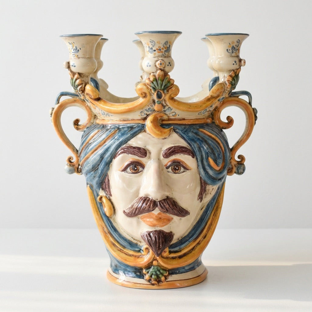 Sicilian Head Vase Candle Holder H 25 cm / 9.8", White Man, Blue and Orange – Testa di Moro from Caltagirone, Sicily