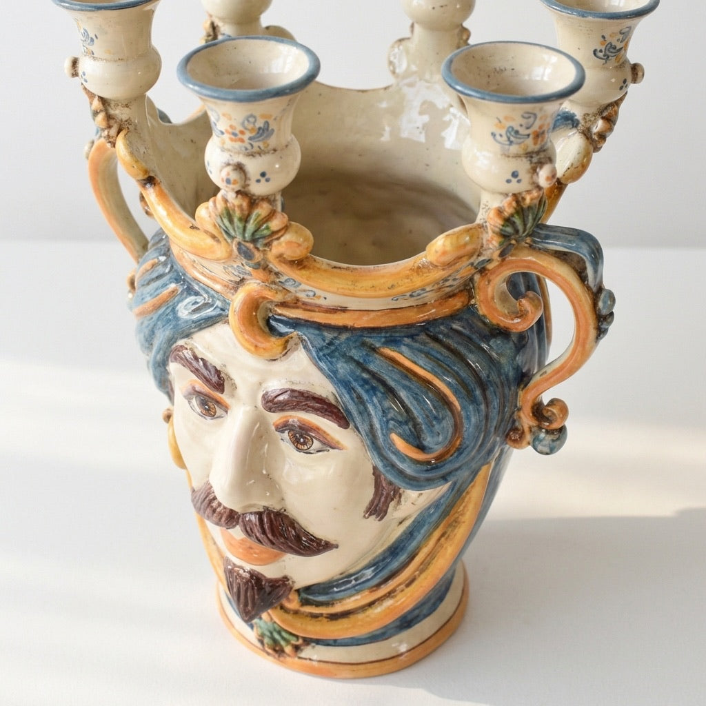 Sicilian Head Vase Candle Holder H 25 cm / 9.8", White Man, Blue and Orange – Testa di Moro from Caltagirone, Sicily