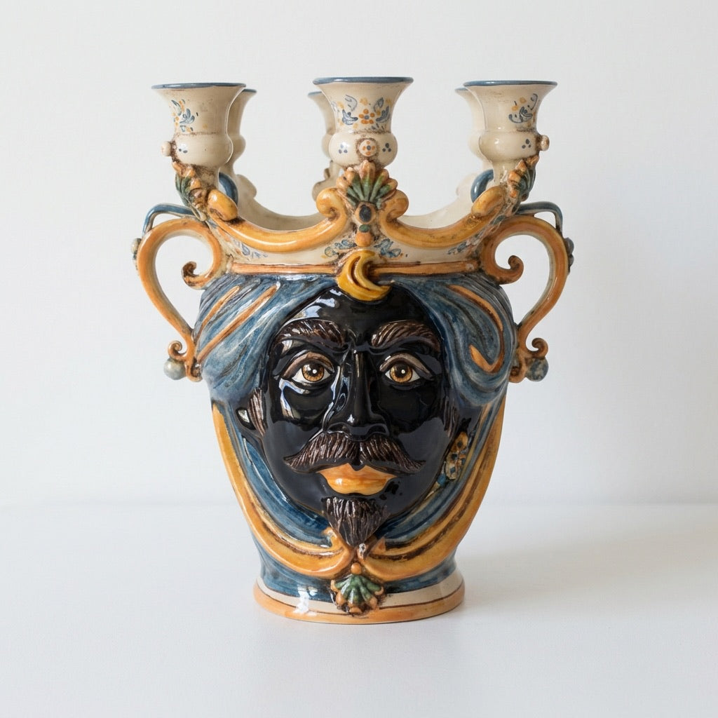 Sicilian Head Vase Candle Holder H 25 cm / 9.8", Moro Man, Blue and Orange – Testa di Moro from Caltagirone, Sicily
