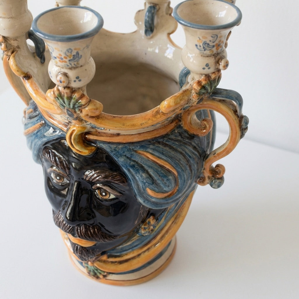 Sicilian Head Vase Candle Holder H 25 cm / 9.8", Moro Man, Blue and Orange – Testa di Moro from Caltagirone, Sicily