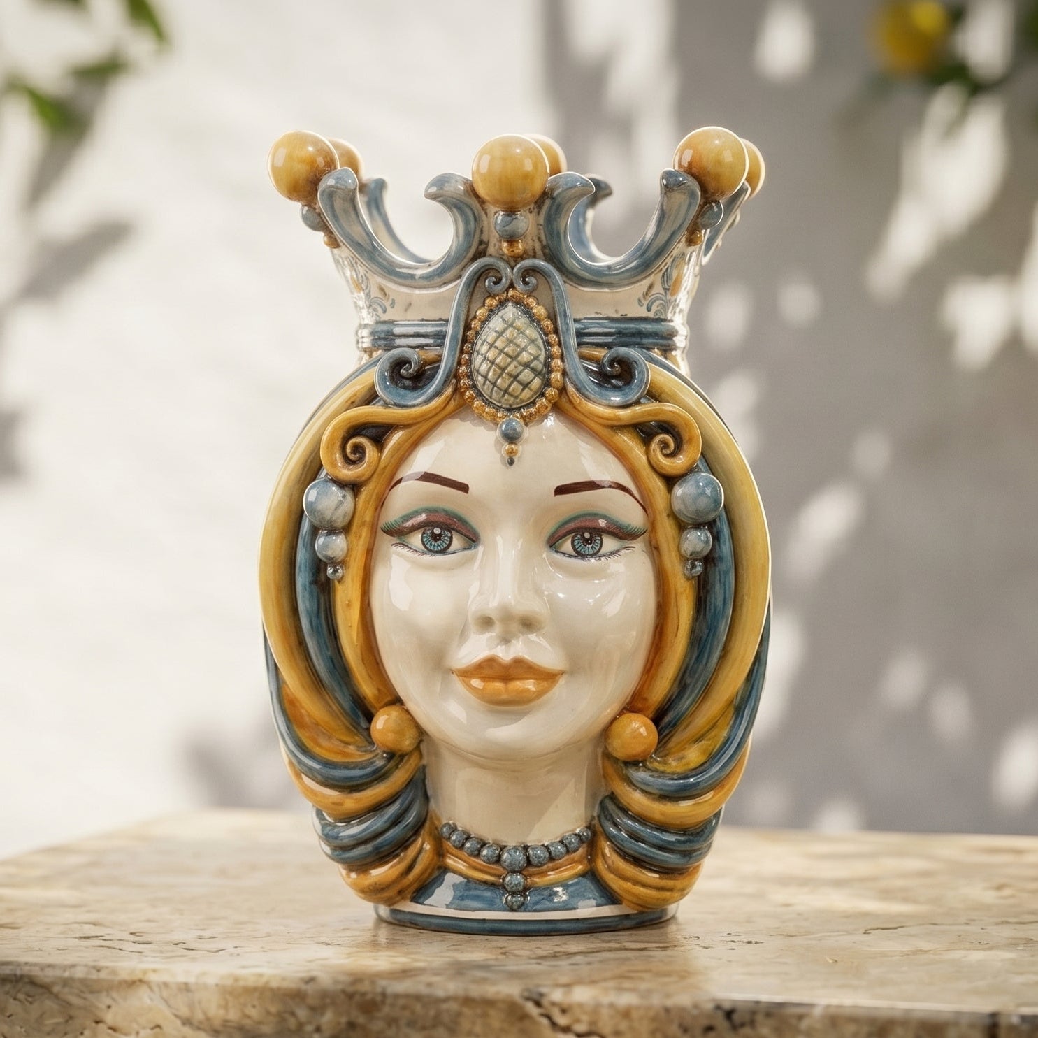 Sicilian Moor's Head H 38 cm / 15", Woman, Blue and Orange – Testa di Moro from Caltagirone, Sicily