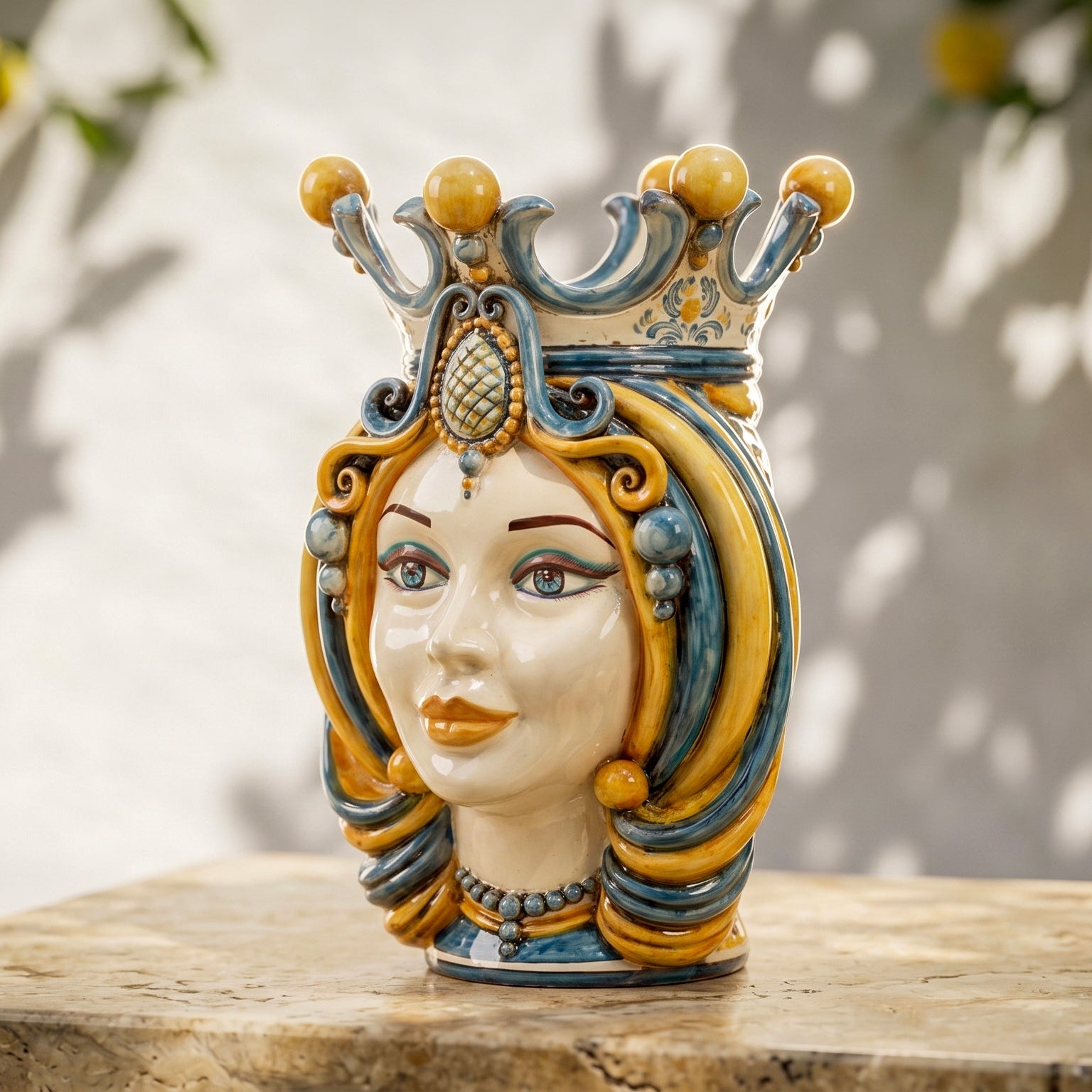 Sicilian Moor's Head H 38 cm / 15", Woman, Blue and Orange – Testa di Moro from Caltagirone, Sicily