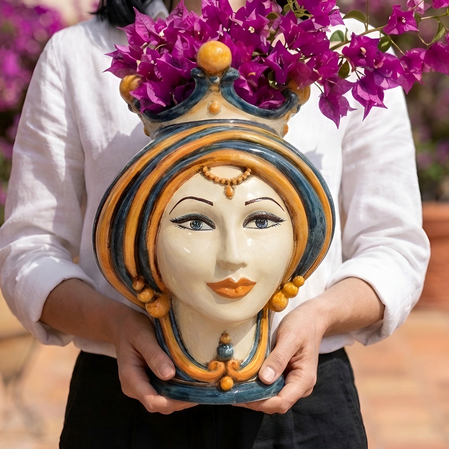 Moor's Head Vase H 30 cm / 11.8", Blue and Orange – Testa di Moro from Caltagirone, Sicily