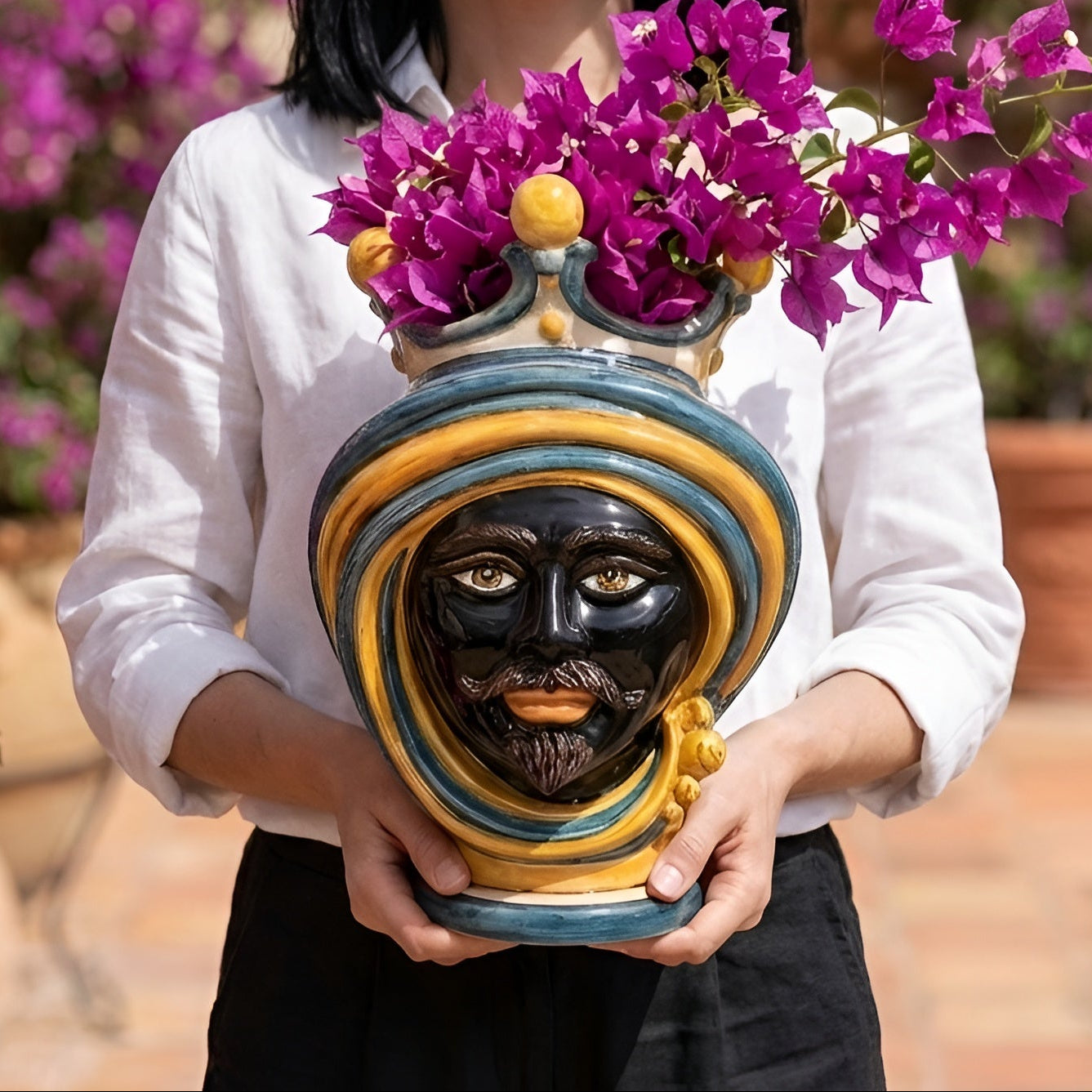 Sicilian Moor's Head H 30 cm / 11.8", Moro Man, Blue and Orange – Testa di Moro from Caltagirone, Sicily