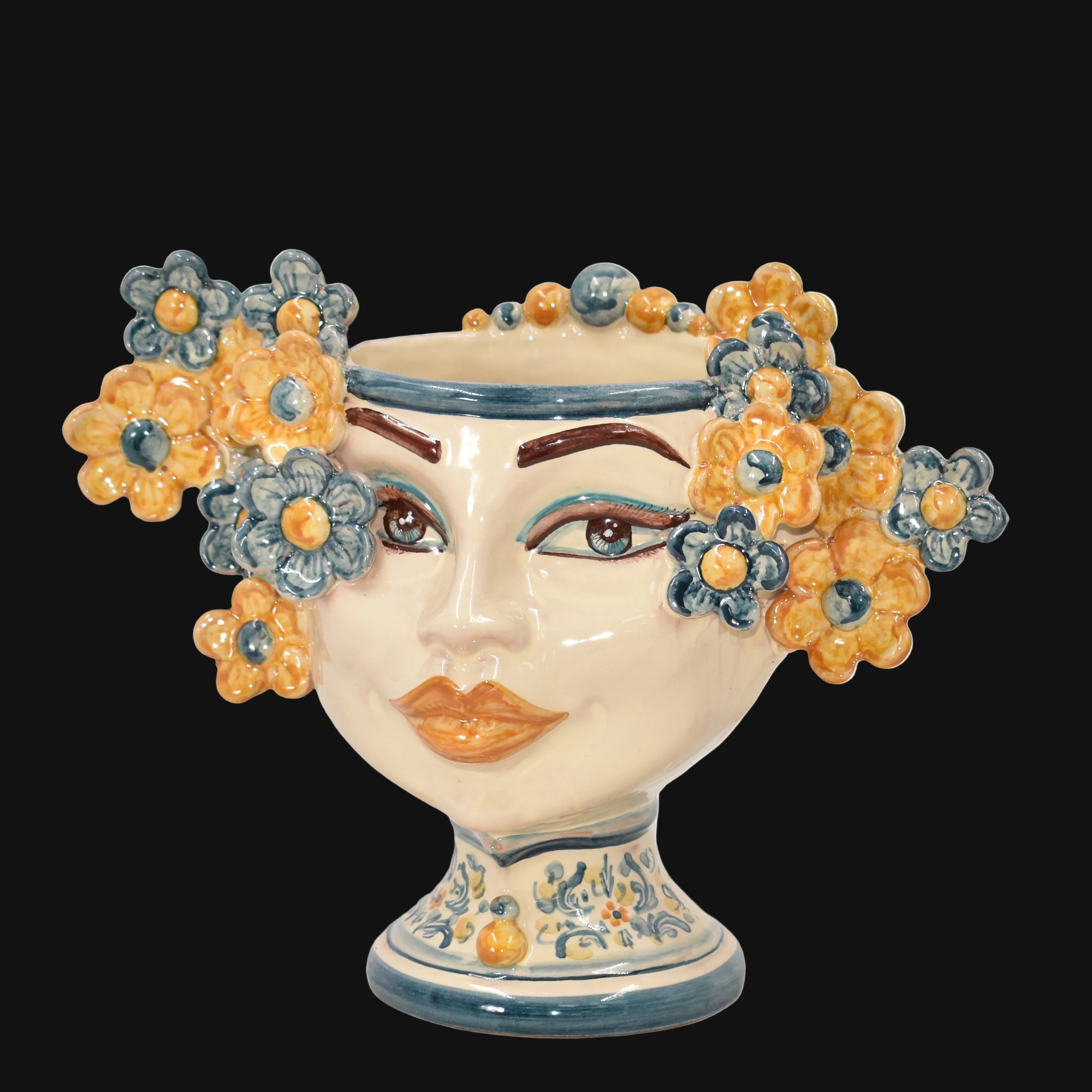 Moor's Head Vase with Flowers H 20 cm / 7.9", Blue and Orange – Testa di Moro from Caltagirone, Sicily