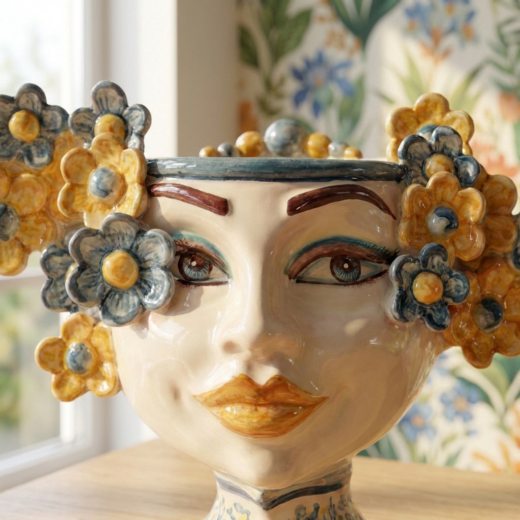 Moor's Head Vase with Flowers H 20 cm / 7.9", Blue and Orange – Testa di Moro from Caltagirone, Sicily