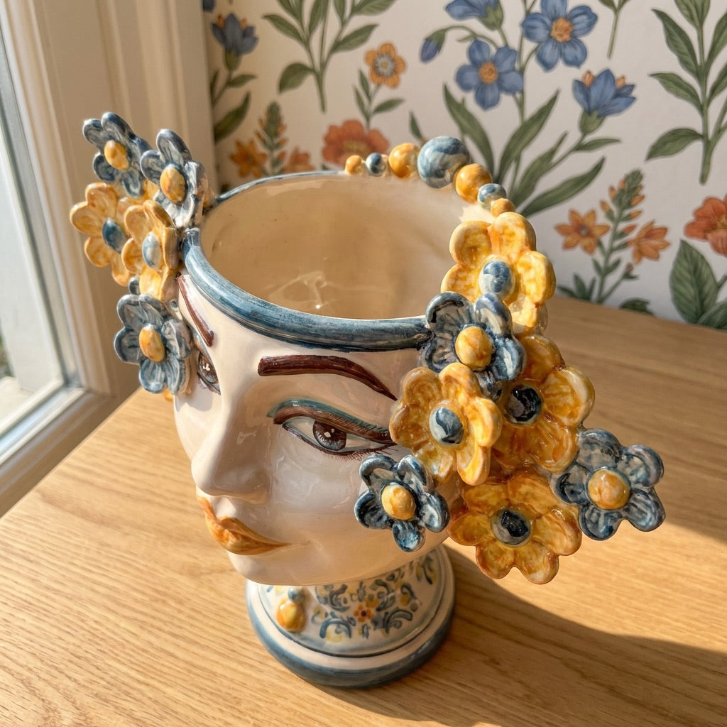 Moor's Head Vase with Flowers H 20 cm / 7.9", Blue and Orange – Testa di Moro from Caltagirone, Sicily