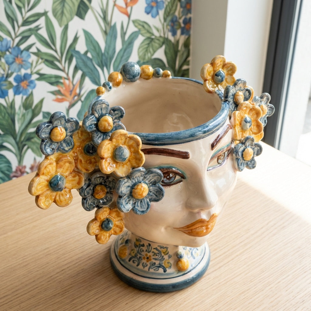 Moor's Head Vase with Flowers H 20 cm / 7.9", Blue and Orange – Testa di Moro from Caltagirone, Sicily