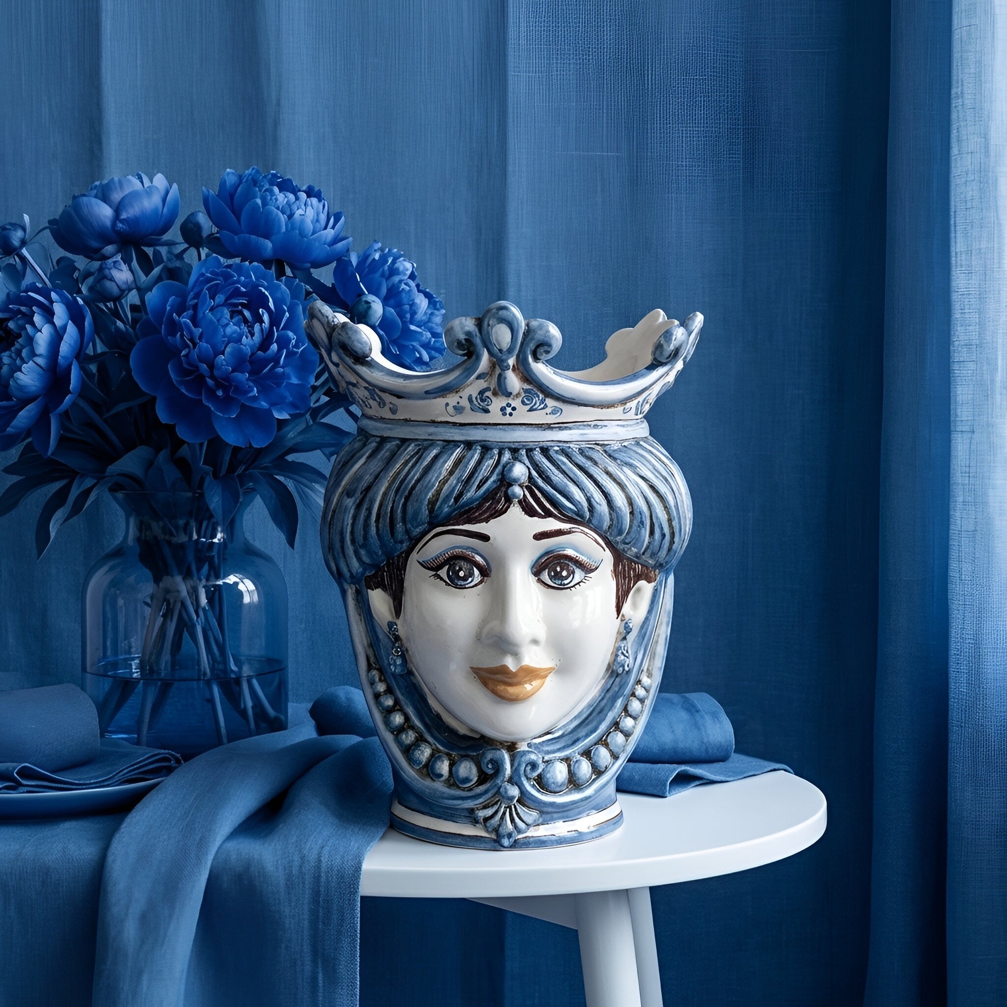 Testa di Moro Vase with Beads H 25 cm / 9.8", Woman, Mono Blue – Testa di Moro from Caltagirone, Sicily