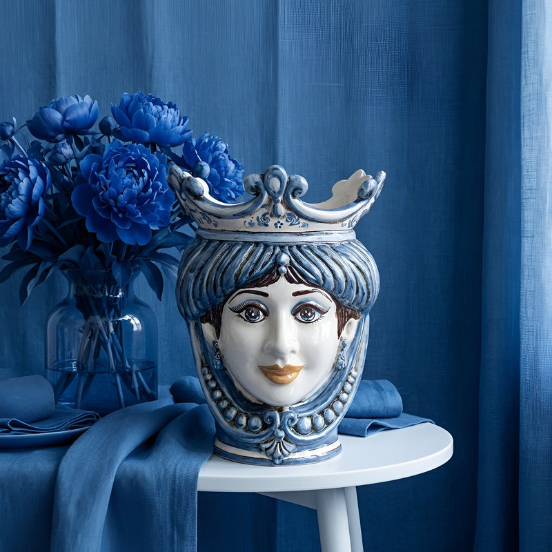 Testa di Moro Vase with Beads H 25 cm / 9.8", Woman, Mono Blue – Testa di Moro from Caltagirone, Sicily
