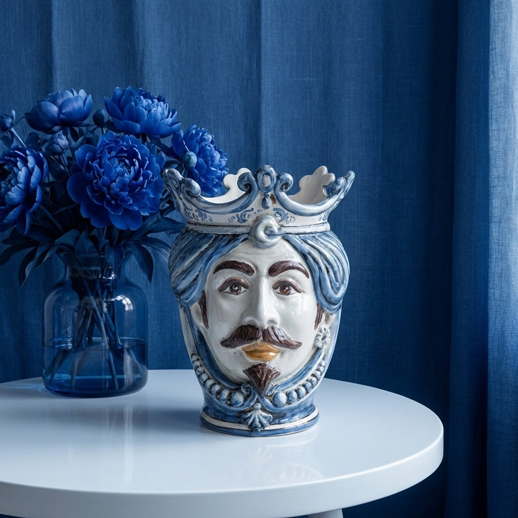 Moor's Head Vase with Beads H 25 cm / 9.8", White Man, Mono Blue – Testa di Moro from Caltagirone, Sicily