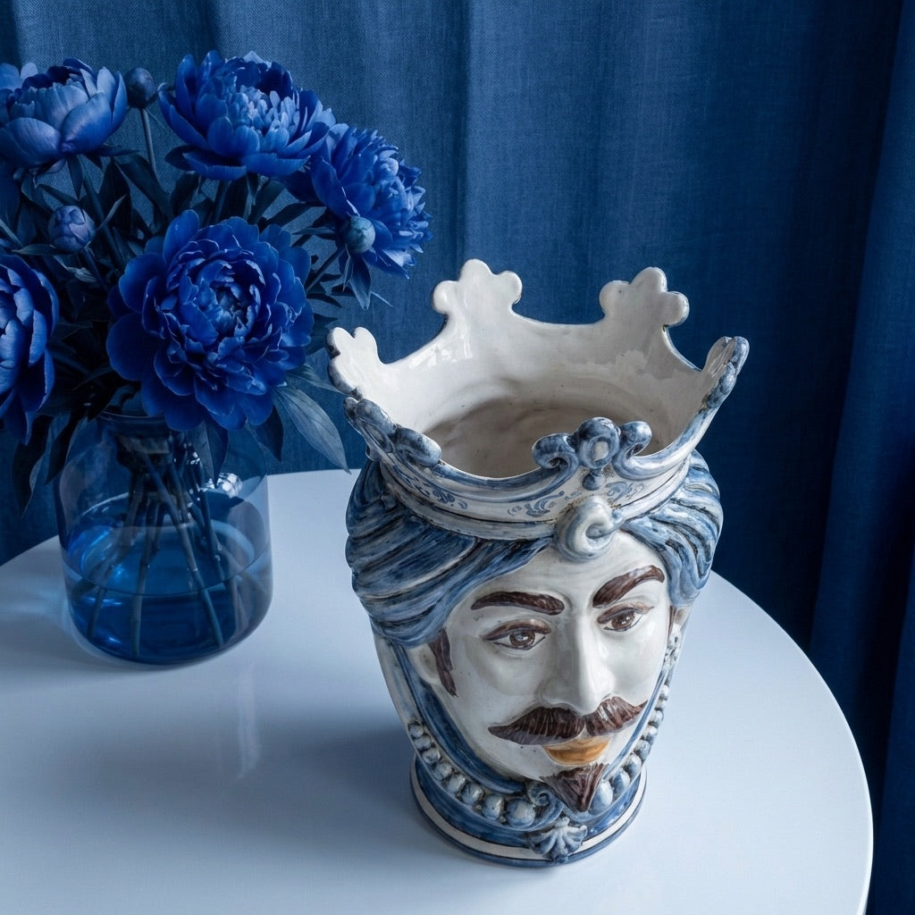 Moor's Head Vase with Beads H 25 cm / 9.8", White Man, Mono Blue – Testa di Moro from Caltagirone, Sicily