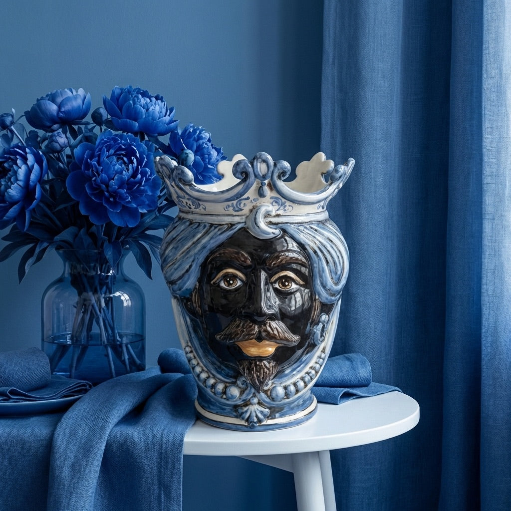 Sicilian Moor's Head with Beads H 25 cm / 9.8", Moro Man, Mono Blue – Testa di Moro from Caltagirone, Sicily