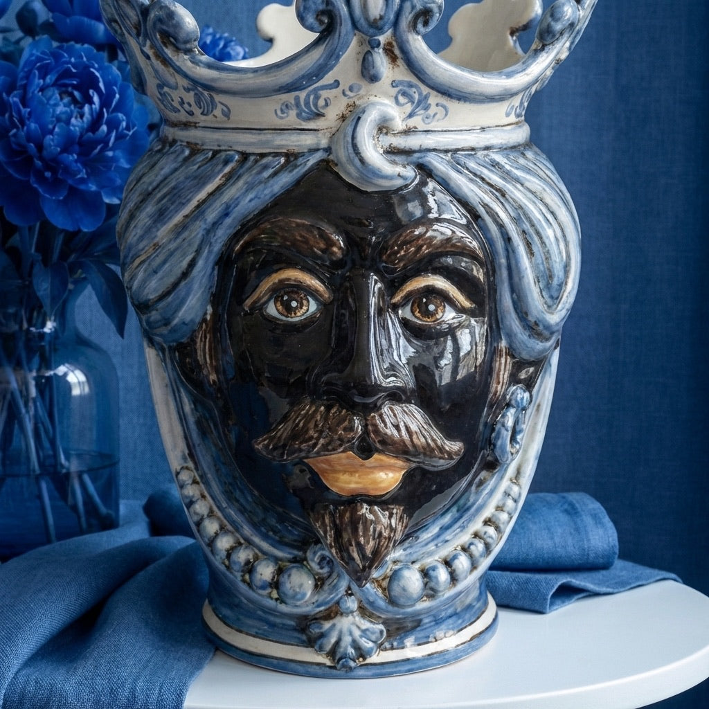 Sicilian Moor's Head with Beads H 25 cm / 9.8", Moro Man, Mono Blue – Testa di Moro from Caltagirone, Sicily