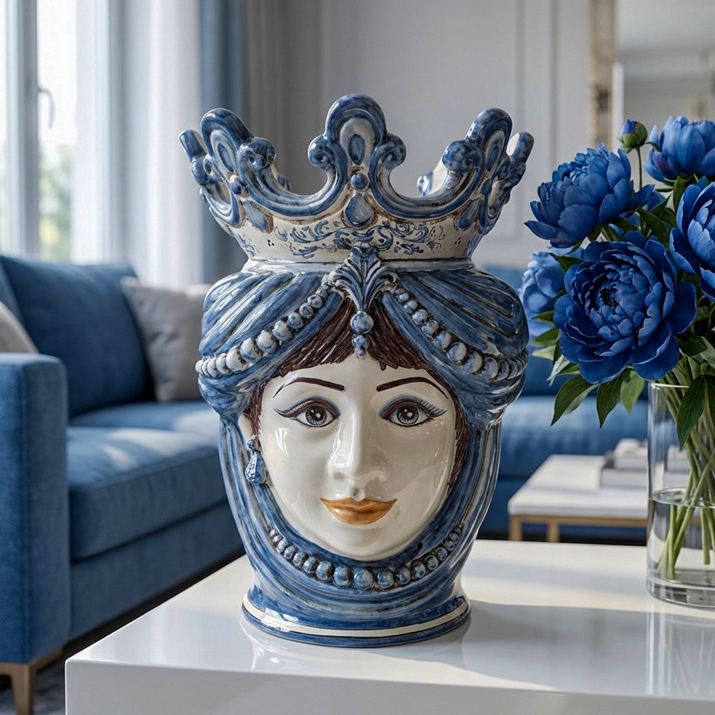 Sicilian Head Vase with Beads H 40 cm / 15.7", Woman, Mono Blue – Testa di Moro from Caltagirone, Sicily