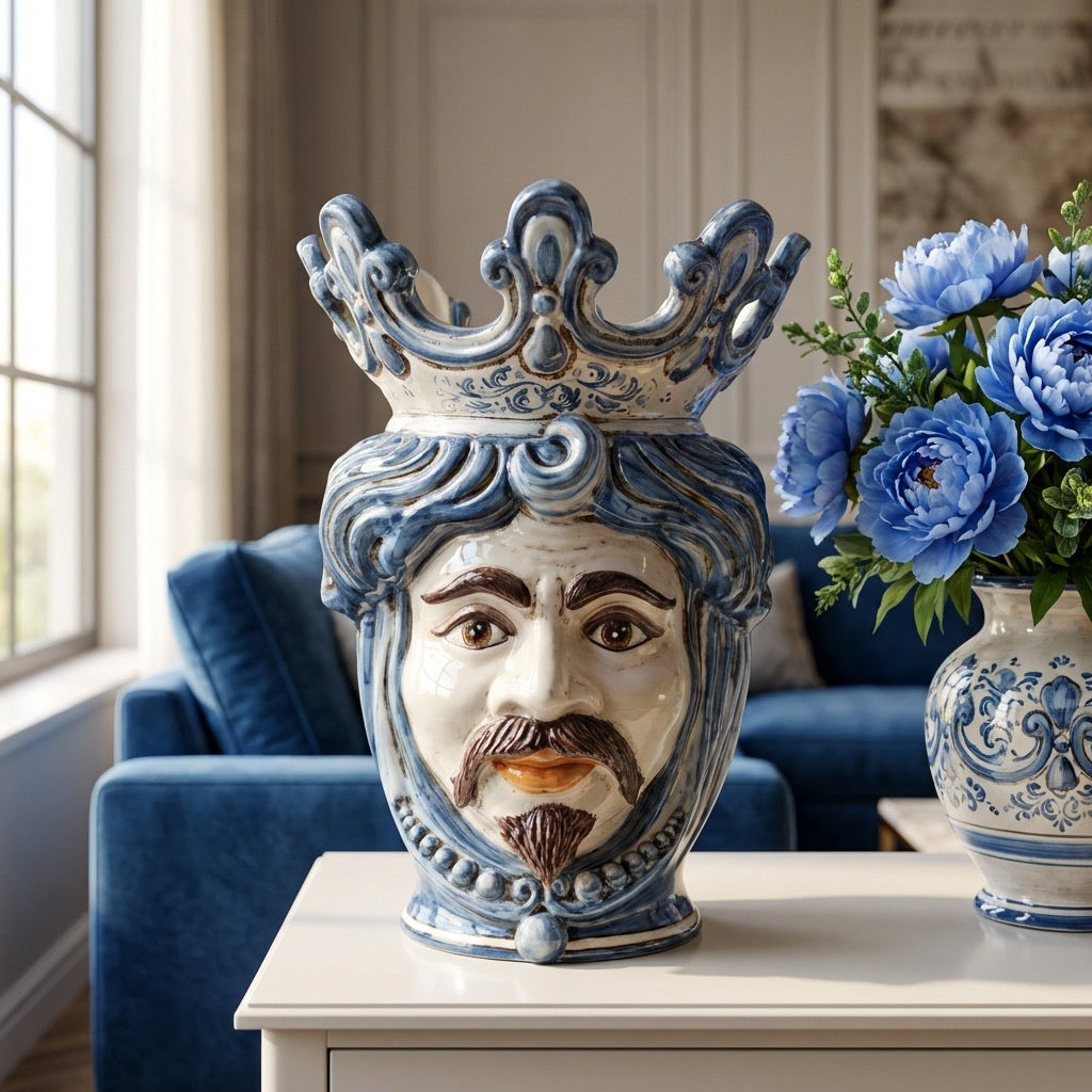 Testa di Moro Vase with Beads H 40 cm / 15.7", White Man, Mono Blue – Testa di Moro from Caltagirone, Sicily