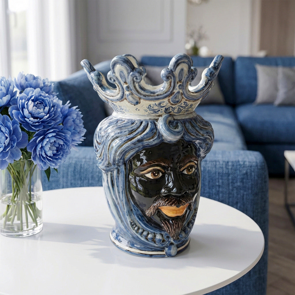 Sicilian Head Vase with Beads H 40 cm / 15.7", Moro Man, Mono Blue – Testa di Moro from Caltagirone, Sicily