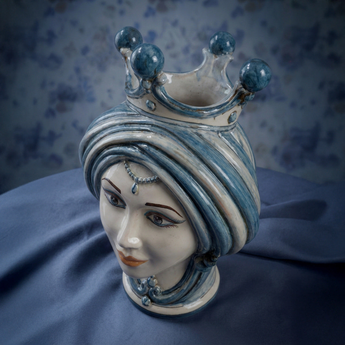 Sicilian Head Vase H 30 cm / 11.8", Woman, Mono Blue – Testa di Moro from Caltagirone, Sicily