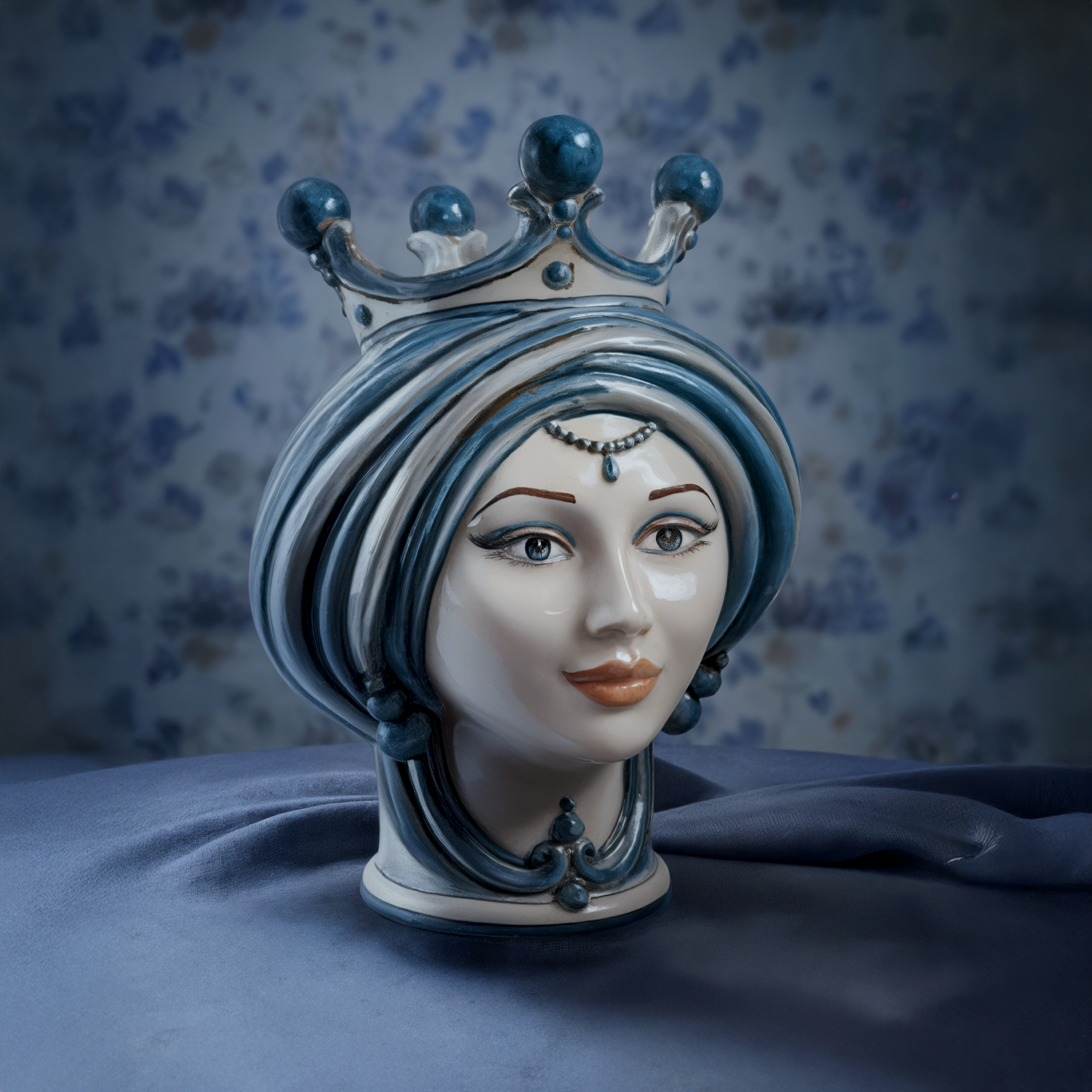 Sicilian Head Vase H 30 cm / 11.8", Woman, Mono Blue – Testa di Moro from Caltagirone, Sicily