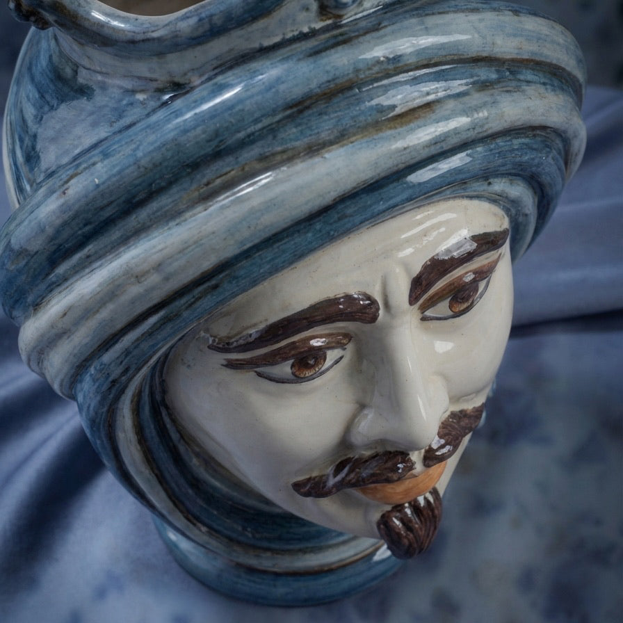 Sicilian Moor's Head H 30 cm / 11.8", White Man, Mono Blue – Testa di Moro from Caltagirone, Sicily