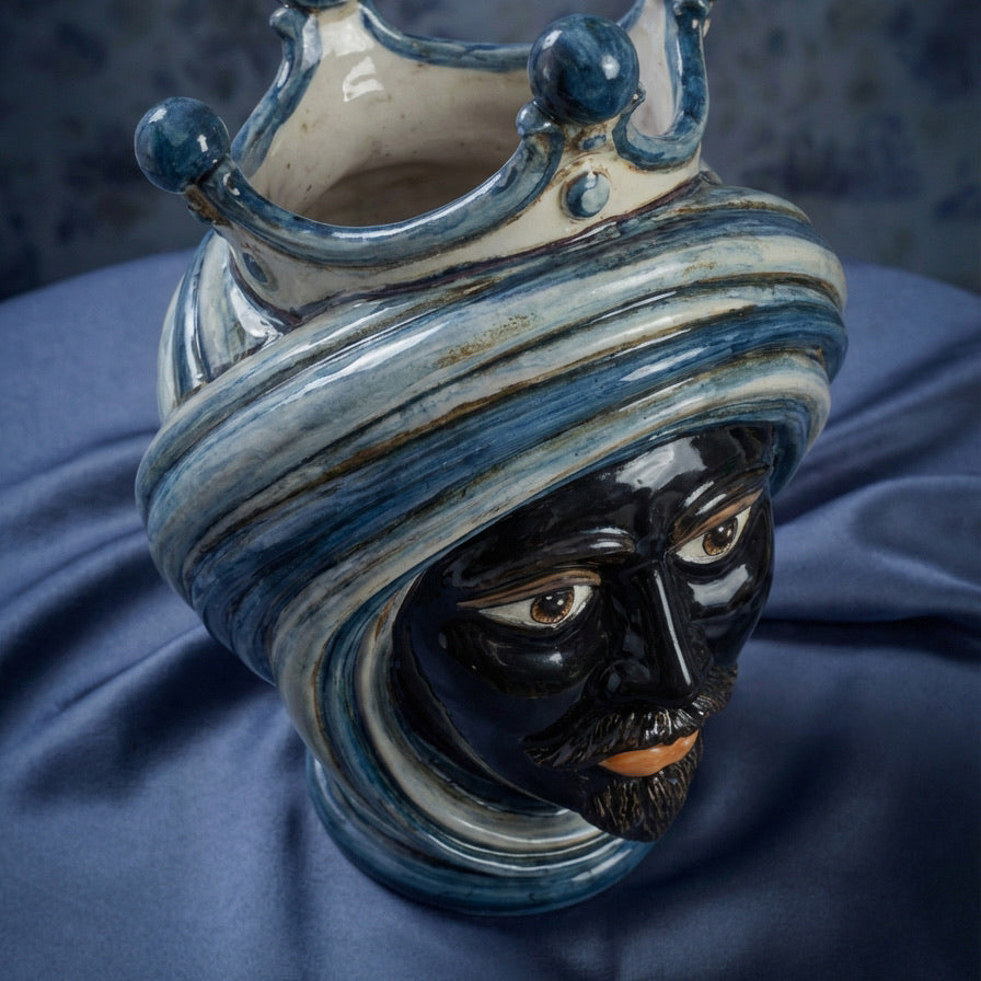 Testa di Moro Vase H 30 cm / 11.8", Moro Man, Mono Blue – Testa di Moro from Caltagirone, Sicily