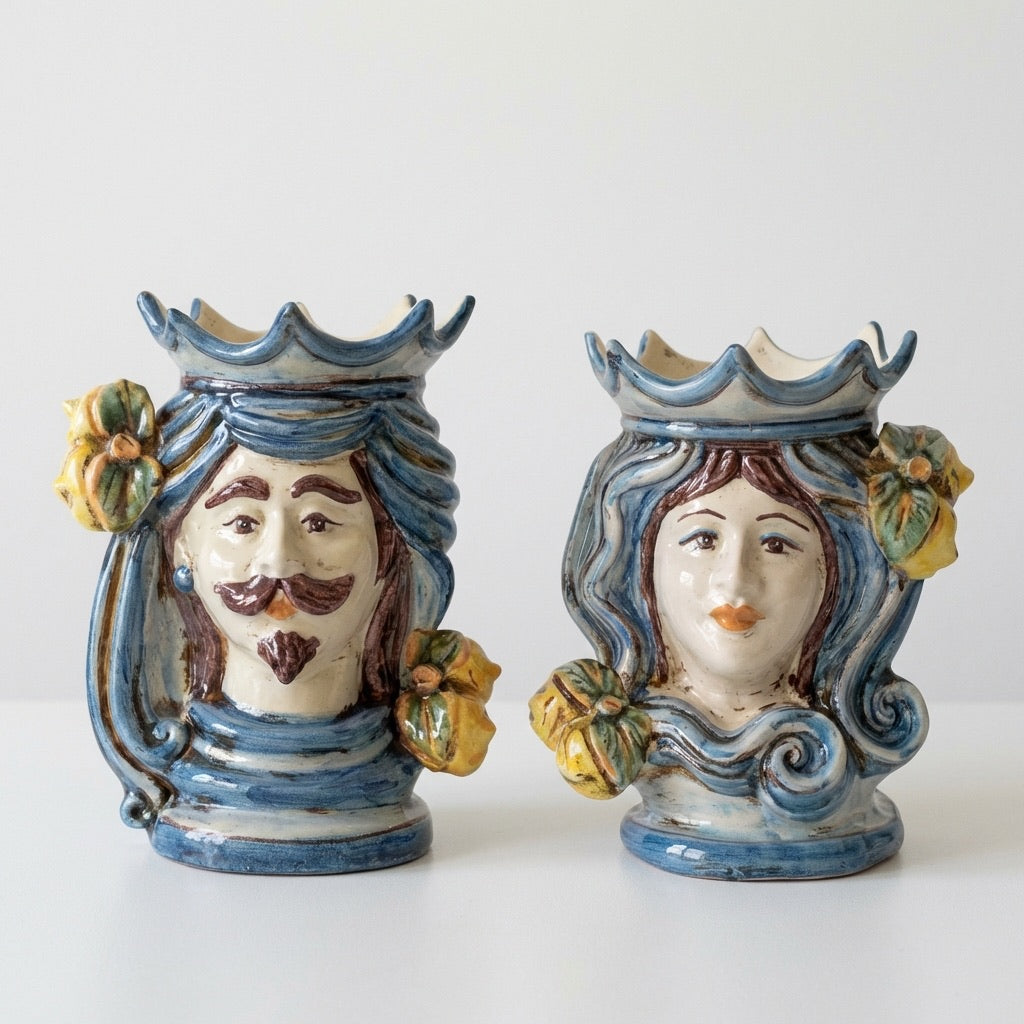 Sicilian Moor's Head H 15 cm / 5.9", White Man, Mono Blue – Testa di Moro from Caltagirone, Sicily