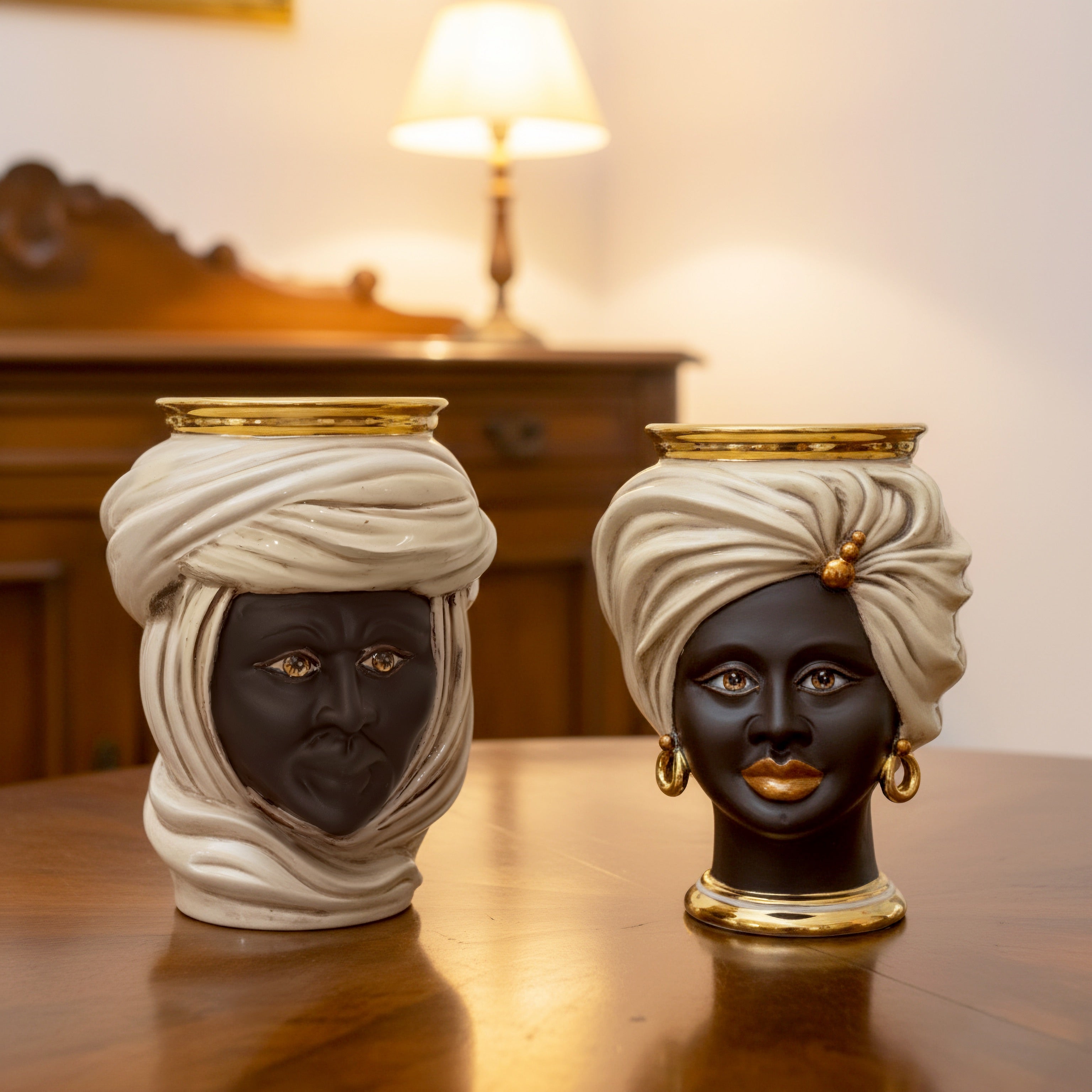Tuareg Head Vase H 20 cm / 7.9", Woman, Mother of Pearl – Testa di Moro from Caltagirone, Sicily