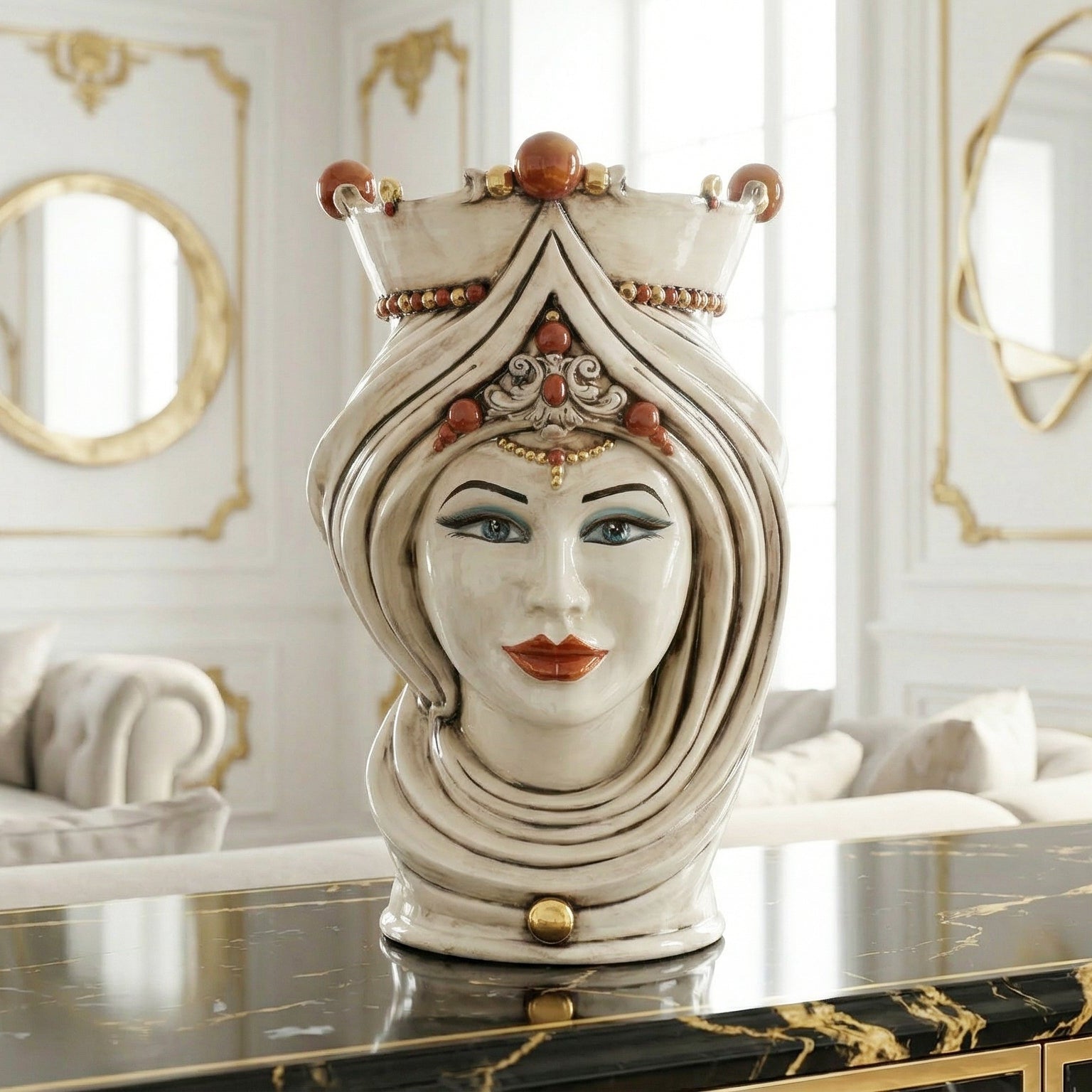 Sicilian Moor's Head with Turban H 45 cm / 17.7", Woman, Antique Mother of Pearl – Testa di Moro from Caltagirone, Sicily