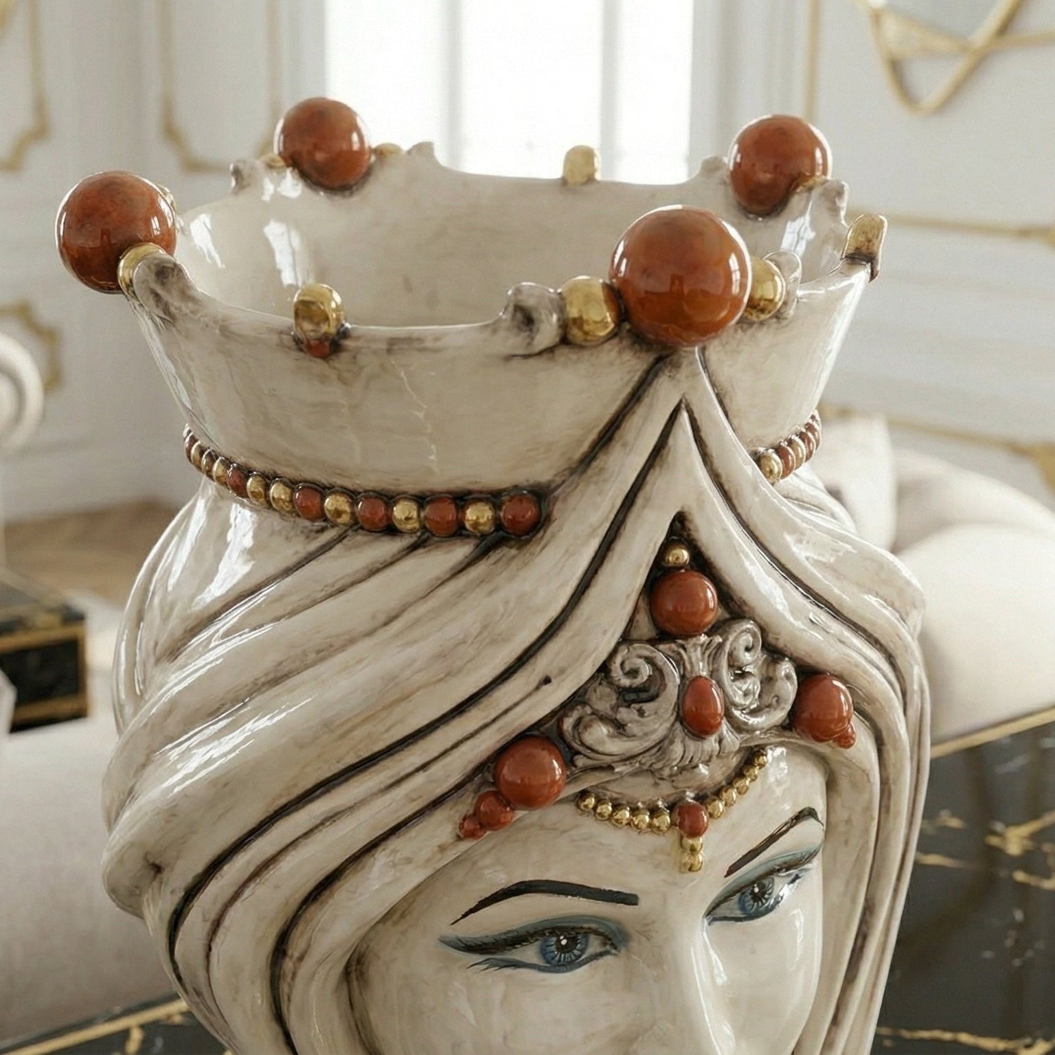 Sicilian Moor's Head with Turban H 45 cm / 17.7", Woman, Antique Mother of Pearl – Testa di Moro from Caltagirone, Sicily