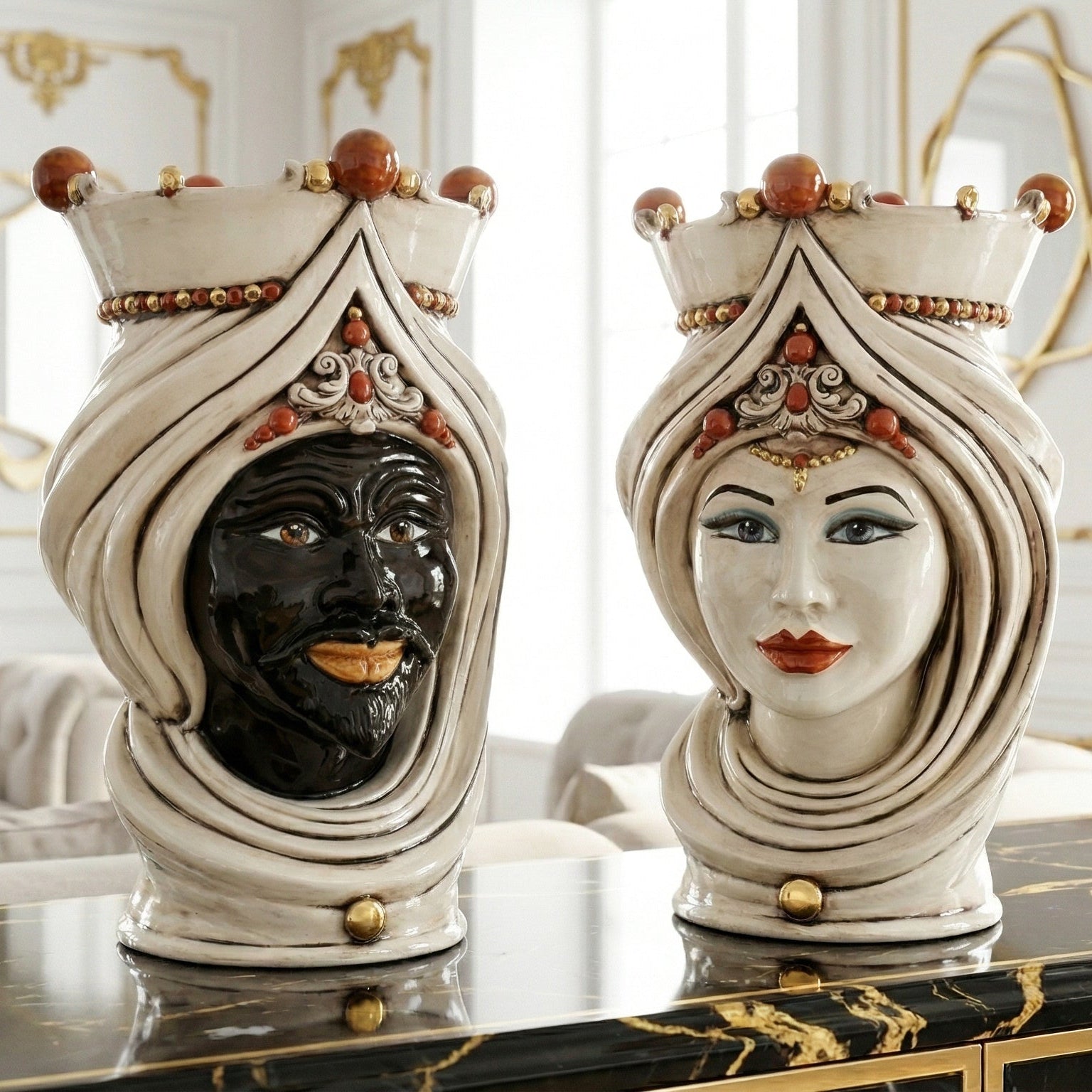 Sicilian Moor's Head with Turban H 45 cm / 17.7", Woman, Antique Mother of Pearl – Testa di Moro from Caltagirone, Sicily