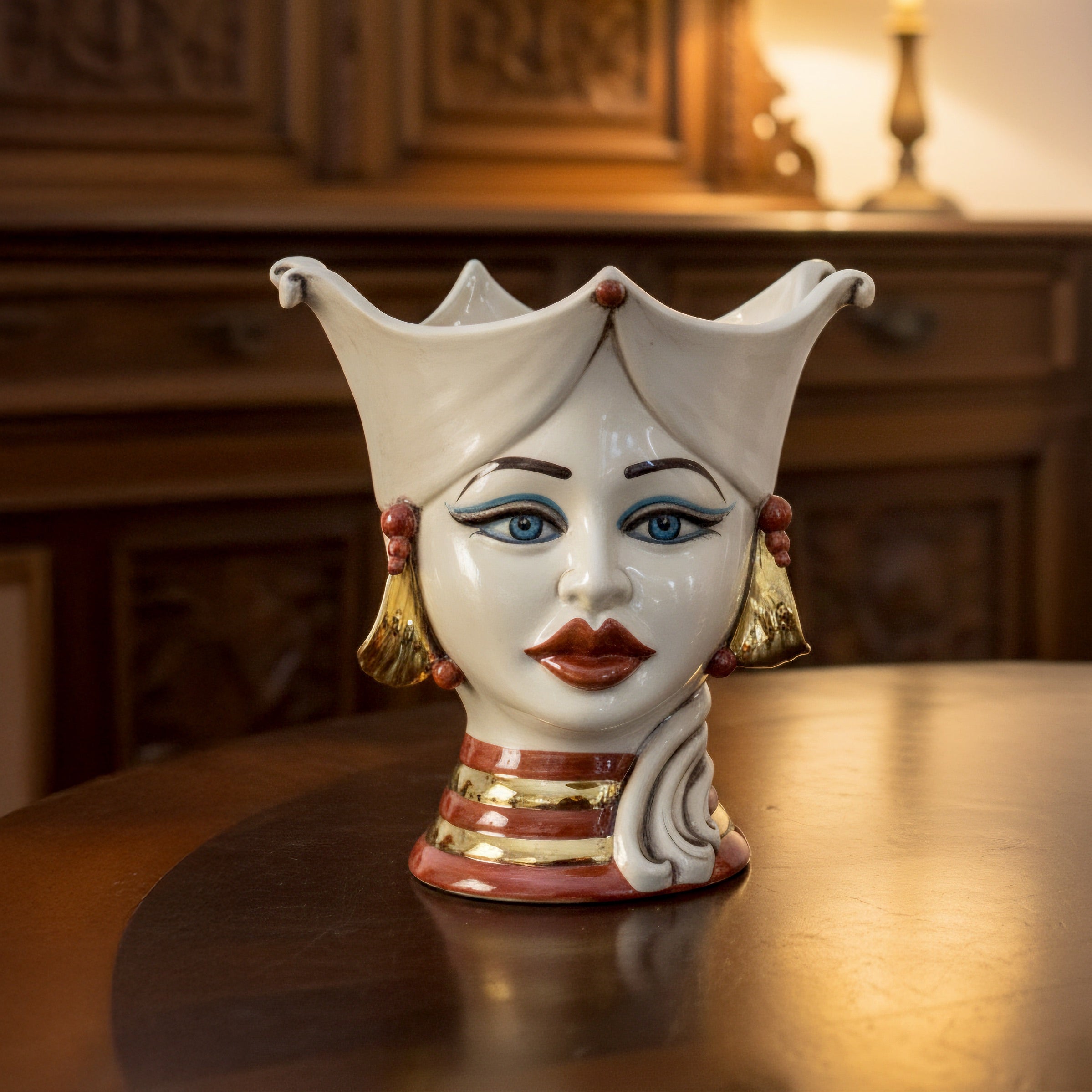 Aisha Sicilian Head Vase H 25 cm / 9.8", Woman, Mother of Pearl – Testa di Moro from Caltagirone, Sicily