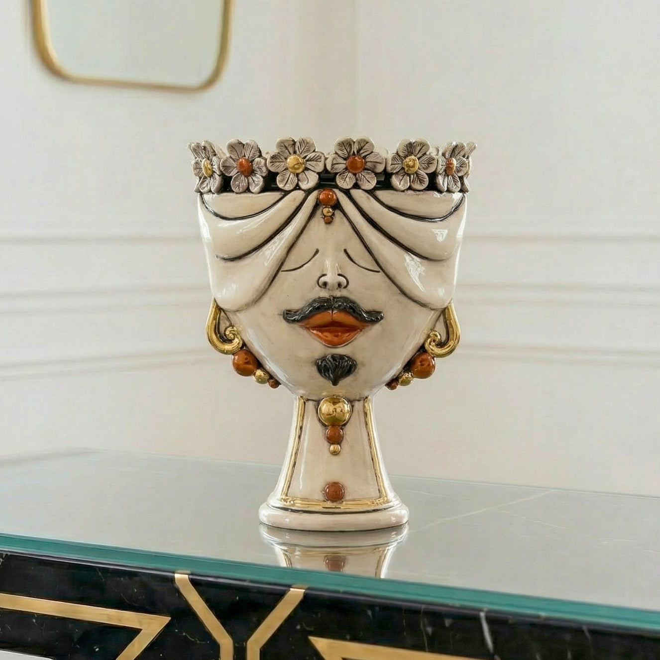Sicilian Head Vase with Flowers H 30 cm / 11.8", Man, Antique Mother of Pearl – Testa di Moro from Caltagirone, Sicily