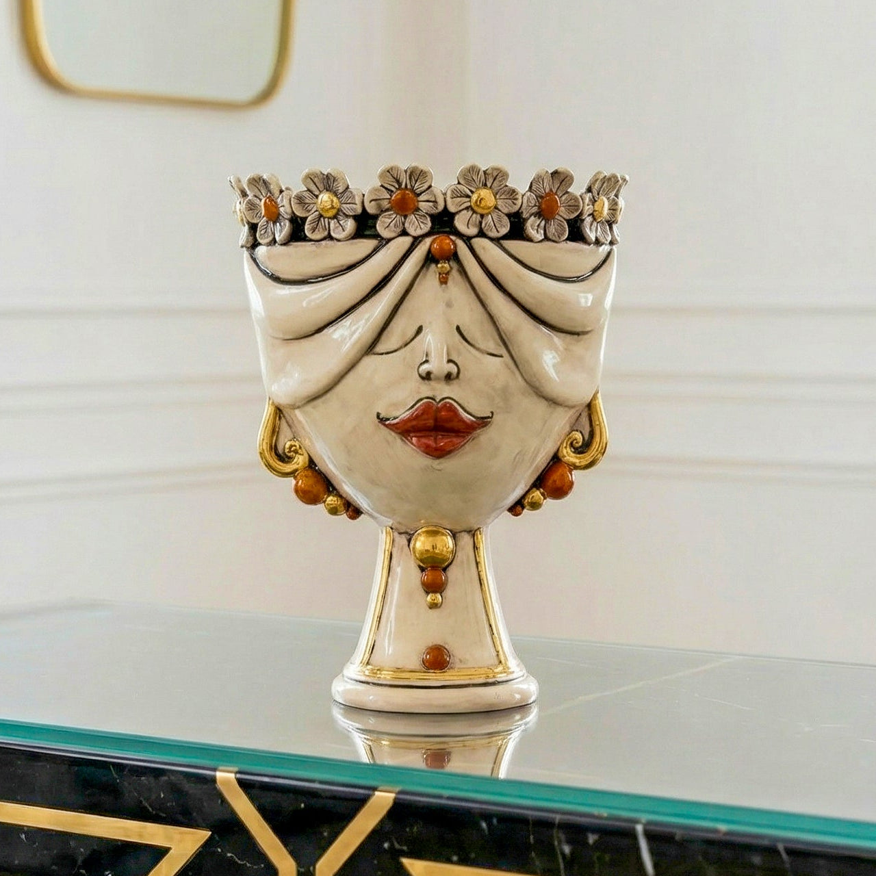 Sicilian Moor's Head with Flowers H 30 cm / 11.8", Woman, Antique Mother of Pearl – Testa di Moro from Caltagirone, Sicily