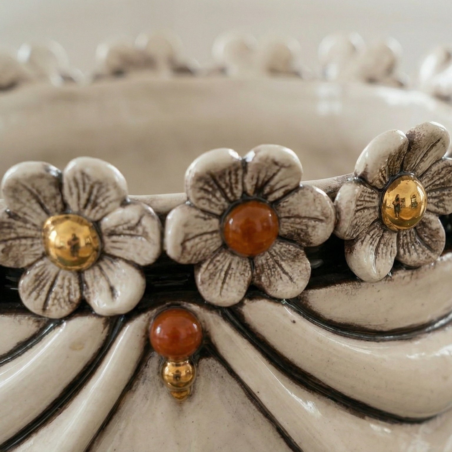 Sicilian Moor's Head with Flowers H 30 cm / 11.8", Woman, Antique Mother of Pearl – Testa di Moro from Caltagirone, Sicily