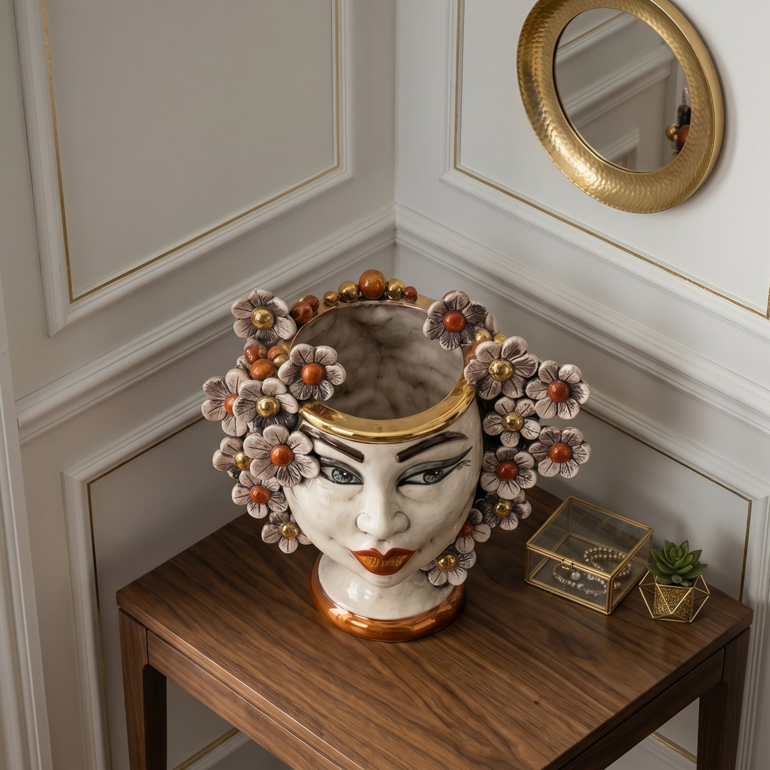 Sicilian Head Vase with Flowers H 20 cm / 7.9", Woman, Mother of Pearl – Testa di Moro from Caltagirone, Sicily