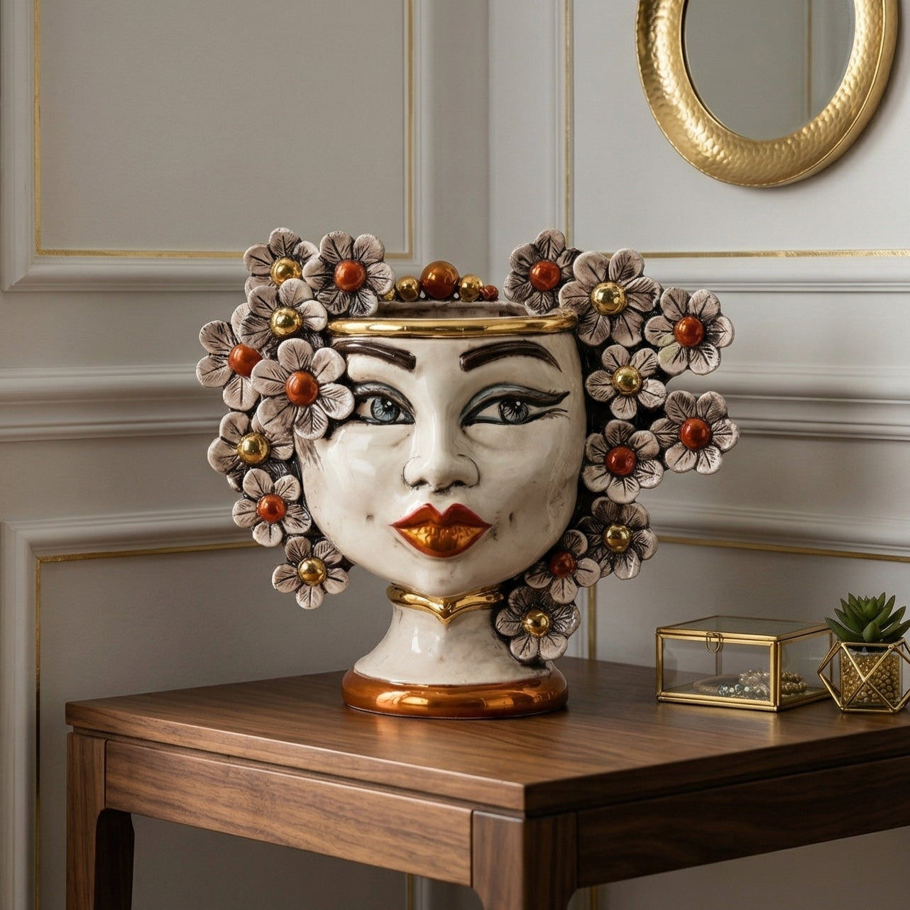 Sicilian Head Vase with Flowers H 20 cm / 7.9", Woman, Mother of Pearl – Testa di Moro from Caltagirone, Sicily