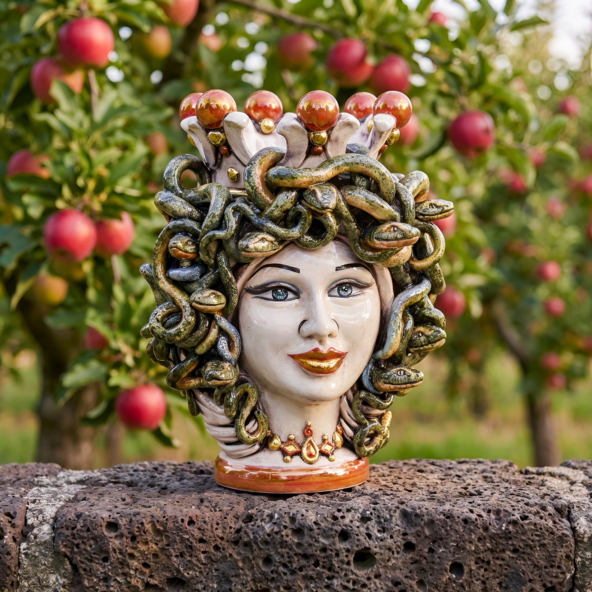 Medusa Head Vase H 25 cm / 9.8", Antique Mother of Pearl – Testa di Moro from Caltagirone, Sicily