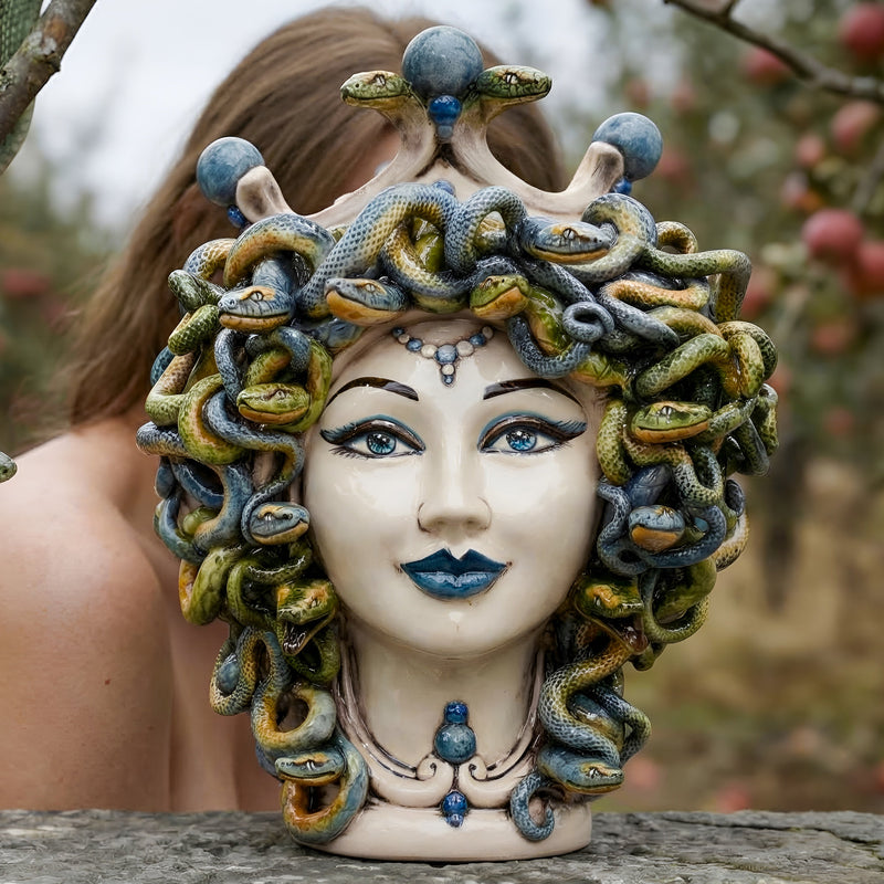 Medusa Head Vase H 30 cm / 11.8", Antique Mother of Pearl – Testa di Moro from Caltagirone, Sicily